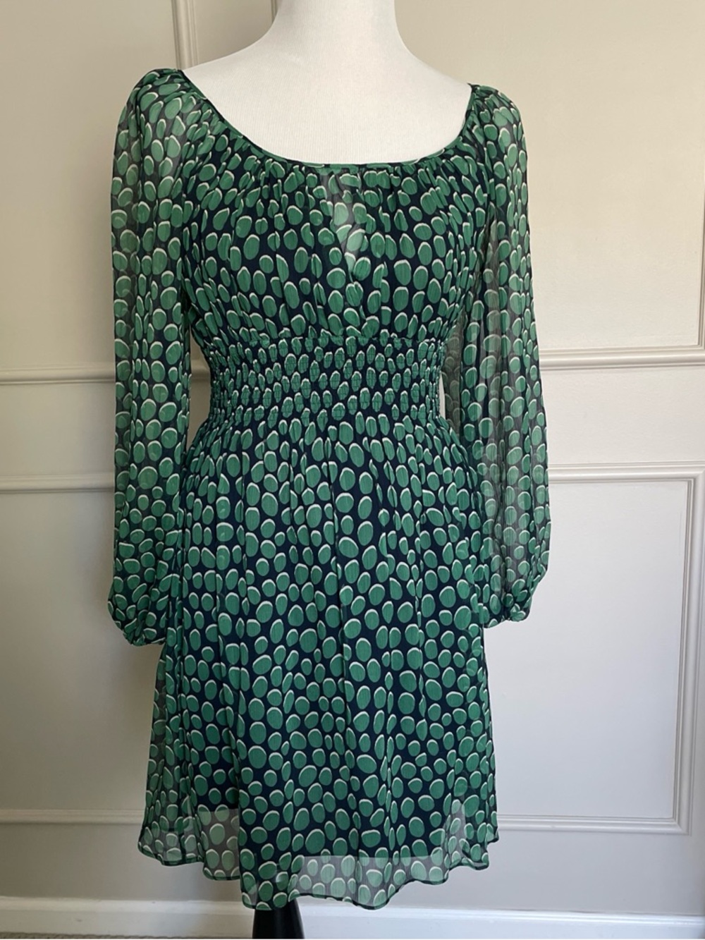 BCBGMaxAzria Green Polka Dot Long-Sleeve Smocked-Waist Dress